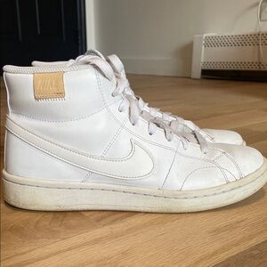 Nike White High-Top Leather Sneakers with Tan Heel Patch
